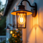 A photograph of a beautifully illuminated outdoor porch featuring a stylish light fixture