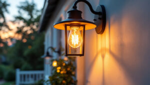 A photograph of a beautifully illuminated outdoor porch featuring a stylish light fixture