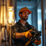 A photograph of a skilled lighting contractor working on a residential electrical installation