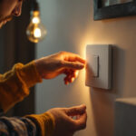 A photograph of a skilled lighting contractor expertly installing a dimmable switch in a stylish residential setting
