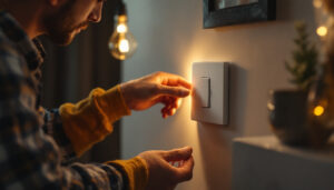 A photograph of a skilled lighting contractor expertly installing a dimmable switch in a stylish residential setting