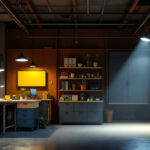 A photograph of a well-lit workshop or garage featuring four different styles of led shop lights in use