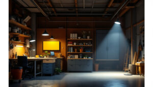 A photograph of a well-lit workshop or garage featuring four different styles of led shop lights in use