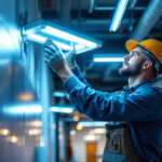 A photograph of a lighting contractor installing uv-c light fixtures in a commercial space