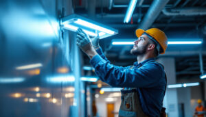 A photograph of a lighting contractor installing uv-c light fixtures in a commercial space
