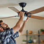 A photograph of a lighting contractor skillfully replacing a hunter fan light fixture in a stylish home setting
