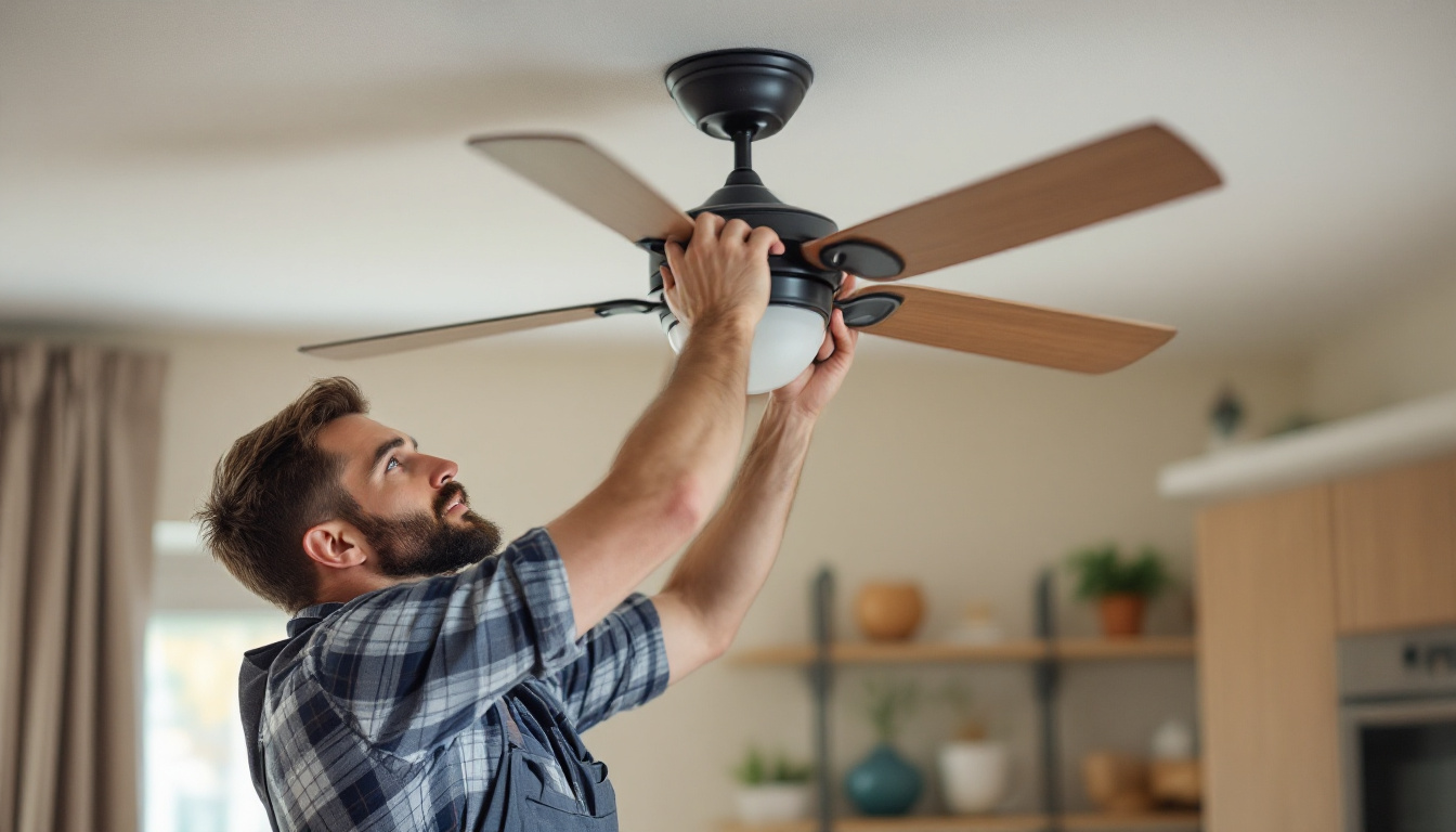 A photograph of a lighting contractor skillfully replacing a hunter fan light fixture in a stylish home setting