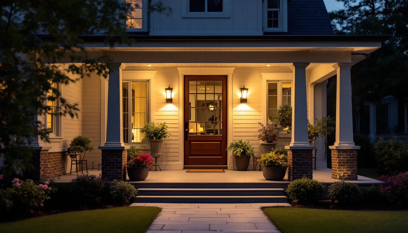 A photograph of a beautifully designed porch with stylish ceiling lights