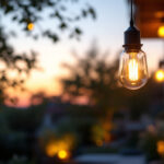 A photograph of a stylish exterior hanging pendant light illuminated at dusk