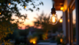 A photograph of a stylish exterior hanging pendant light illuminated at dusk
