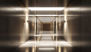 A photograph of a well-lit egress pathway featuring modern lighting solutions
