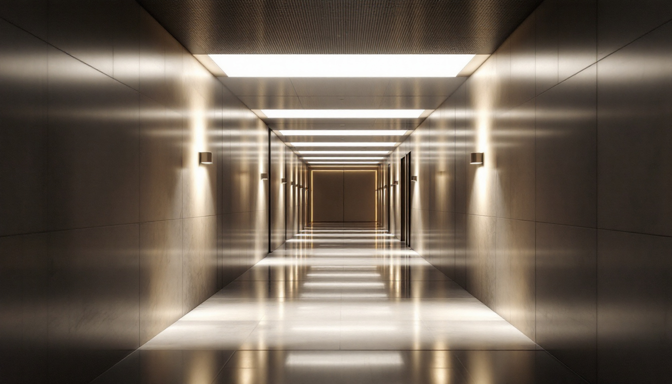 A photograph of a well-lit egress pathway featuring modern lighting solutions