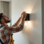 A photograph of a lighting contractor skillfully installing a stylish wall sconce in a beautifully designed interior space