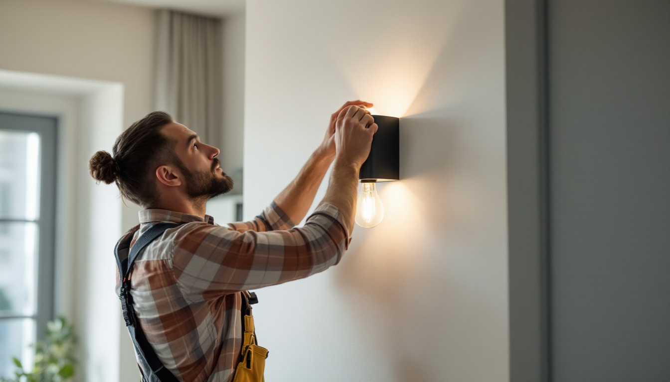 A photograph of a lighting contractor skillfully installing a stylish wall sconce in a beautifully designed interior space