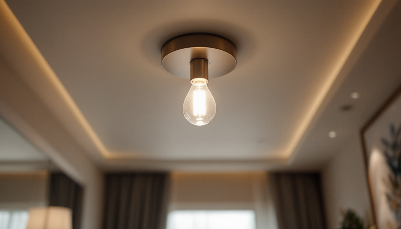 A photograph of a stylish small flush mount light fixture installed in a beautifully designed room