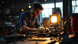 A photograph of a well-lit work environment showcasing a versatile led worklight in use