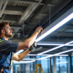 A photograph of a lighting contractor installing sleek led linear lighting fixtures in a modern commercial space