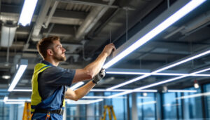 A photograph of a lighting contractor installing sleek led linear lighting fixtures in a modern commercial space