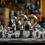 A photograph of a close-up of various light bulb bases arranged aesthetically on a workbench