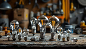 A photograph of a close-up of various light bulb bases arranged aesthetically on a workbench