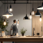 A photograph of a skilled lighting contractor at work