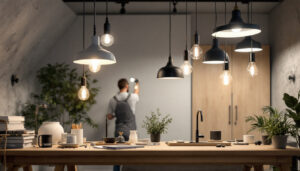 A photograph of a skilled lighting contractor at work