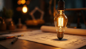 A photograph of an elegant antique led bulb illuminated in a stylish