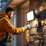 A photograph of a lighting contractor installing a motion detector flood light in an outdoor residential setting