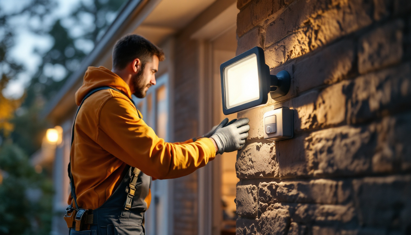 A photograph of a lighting contractor installing a motion detector flood light in an outdoor residential setting
