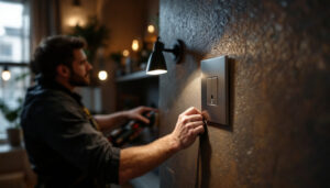 A photograph of a skilled electrician installing a sleek