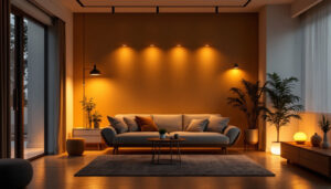 A photograph of a stylishly designed room illuminated by warm led lighting