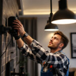 A photograph of a lighting contractor expertly installing sleek black led lights in a modern residential space