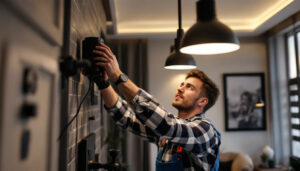 A photograph of a lighting contractor expertly installing sleek black led lights in a modern residential space