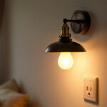 A photograph of a stylish sconce light plugged into an outlet
