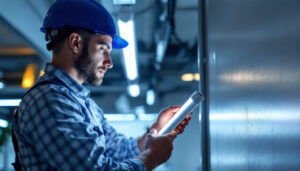 A photograph of capture a photograph of a lighting contractor installing philips f32t8 fluorescent tubes in a commercial setting