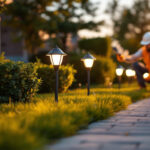 A photograph of a lighting contractor inspecting solar panels on lawn lights in a well-lit outdoor setting