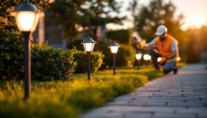 A photograph of a lighting contractor inspecting solar panels on lawn lights in a well-lit outdoor setting