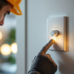 A photograph of a close-up shot of a lamp push button switch being installed by a lighting contractor in a well-lit environment