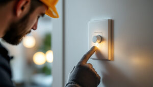 A photograph of a close-up shot of a lamp push button switch being installed by a lighting contractor in a well-lit environment