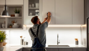A photograph of a well-lit kitchen featuring stylish strip under counter lighting
