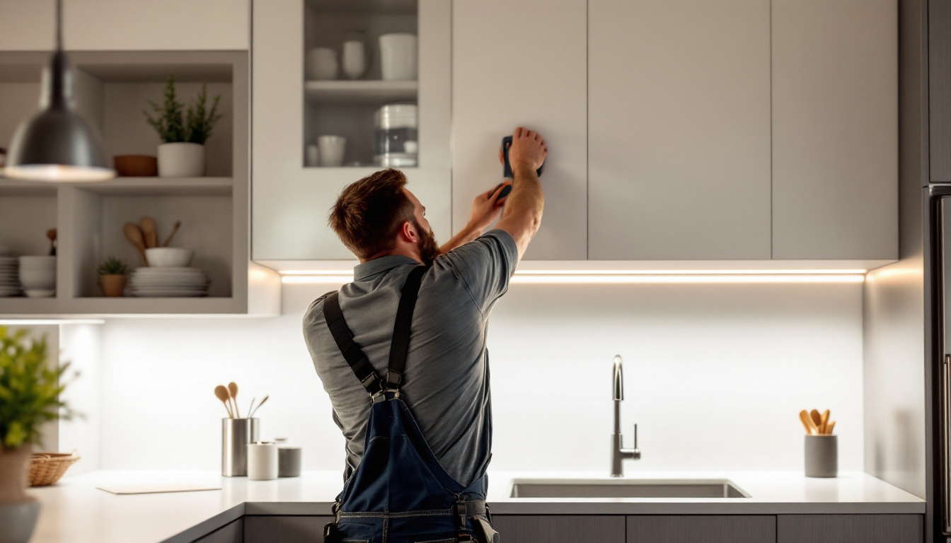 A photograph of a well-lit kitchen featuring stylish strip under counter lighting