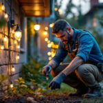 A photograph of a lighting contractor installing solar lights in a residential outdoor setting