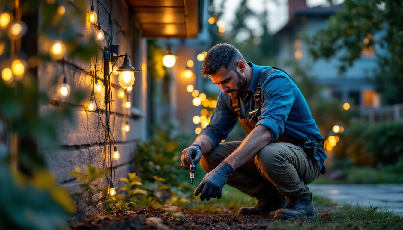A photograph of a lighting contractor installing solar lights in a residential outdoor setting