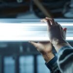 A photograph of a close-up shot of a fluorescent light fixture being installed by a lighting contractor