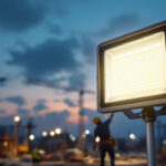 A photograph of a solar flood lamp in action at a construction site