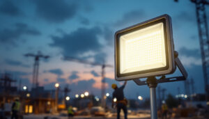 A photograph of a solar flood lamp in action at a construction site