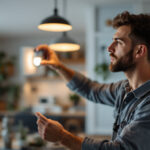 A photograph of a lighting contractor installing a light sensor light switch in a modern home setting
