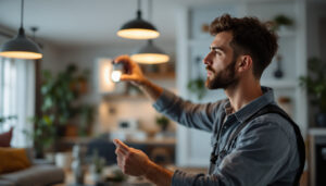A photograph of a lighting contractor installing a light sensor light switch in a modern home setting