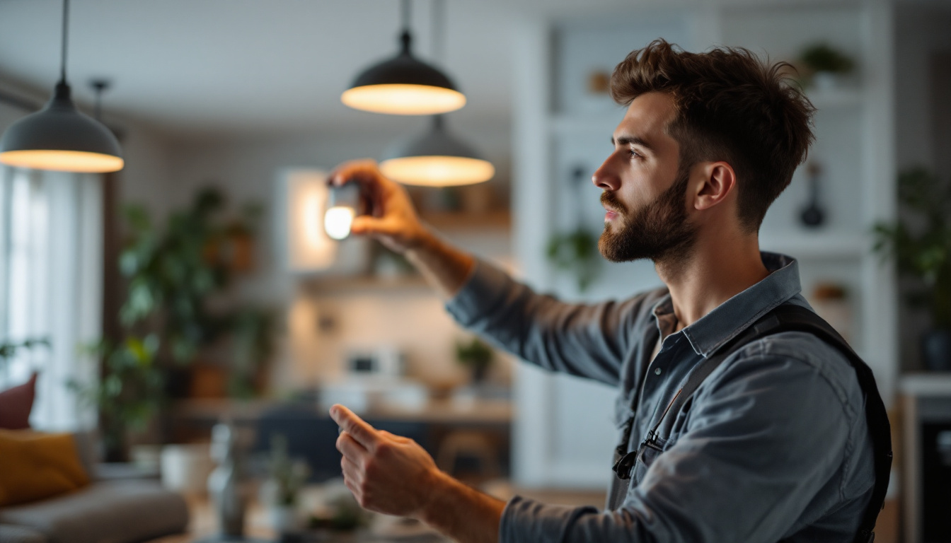 A photograph of a lighting contractor installing a light sensor light switch in a modern home setting