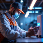 A photograph of a lighting contractor inspecting a uv sanitizer device in a well-lit workspace